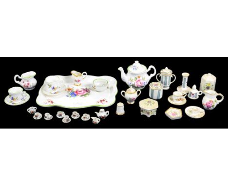 A COLLECTION OF MINIATURE PORCELAIN VASES, JUGS, A CANDLESTICK AND TEAWARE INCLUDING COALPORT, EARLY AND LATE 20TH CENTURY