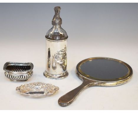 George V silver backed hand mirror, London 1926, Edward VII silver miniature siphon stand having embossed Art Nouveau design 
