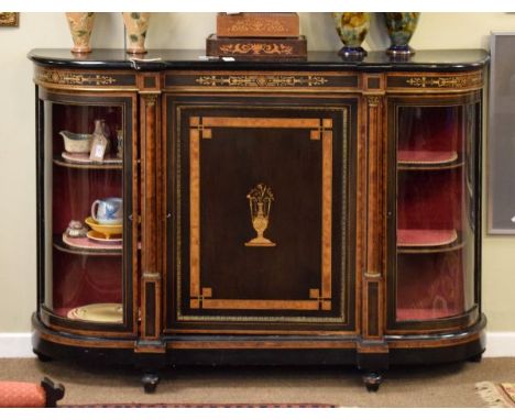 19th Century boxwood inlaid and figured walnut banded breakfront credenza fitted central door decorated with an urn of flower