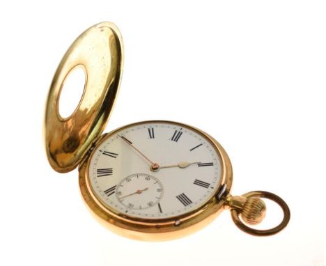 Gentleman's half hunter side winding pocket watch, the case stamped 18k, the white enamel dial having Roman numerals and subs