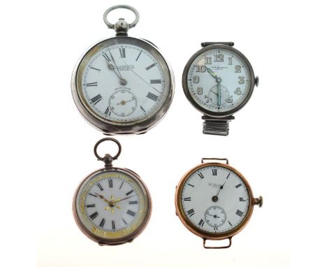 Gentleman's silver cased key wind pocket watch, one other lady's silver cased fob watch, a Walthan nickel cased wristwatch an