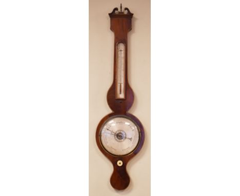 19th Century string inlaid mahogany cased wheel barometer and thermometer having an engraved silvered dial and scale   Condit