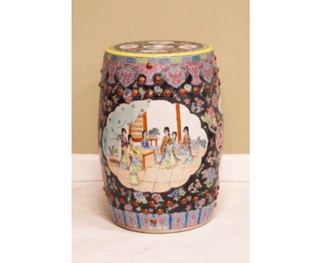 Oriental enamel decorated barrel shaped garden seat   Condition: 