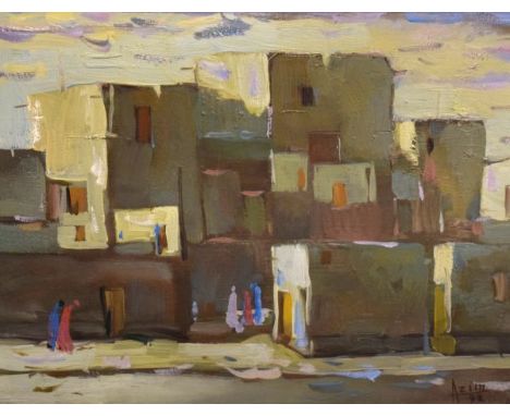 Modern oil on canvas - Architectural scene with figures, signed Azim and dated '92, framed   Condition: 