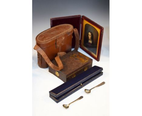 19th Century watercolour miniature - Portrait of a lady in a red Morocco case, pair of field glasses in a brown leather case 