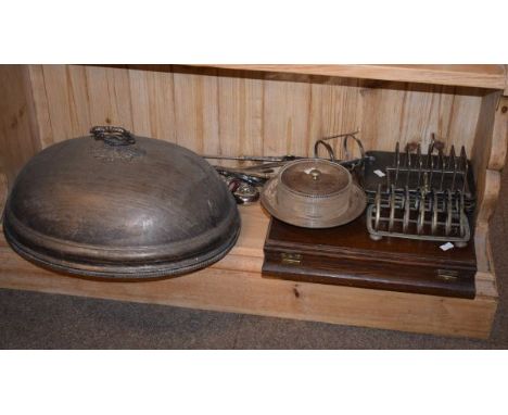 Late 19th/early 20th Century silver plated meat dome and a quantity of other silver plated wares etc (one shelf)   Condition: