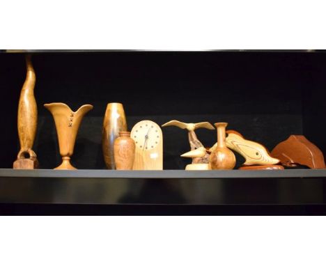 Quantity of late 20th Century wooden carving, a sculpture, wood turnings etc (one shelf)   Condition: 