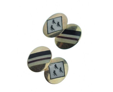 Pair of cufflinks having enamel decoration of three birds in a square and striped colours, stamped 9ct, cased   Condition: 
