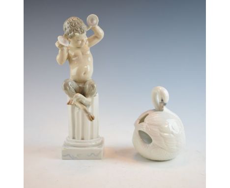 Lladro posy bowl formed as a swan, together with a Spanish porcelain figure of a Satyr seated on a pedestal   Condition: 