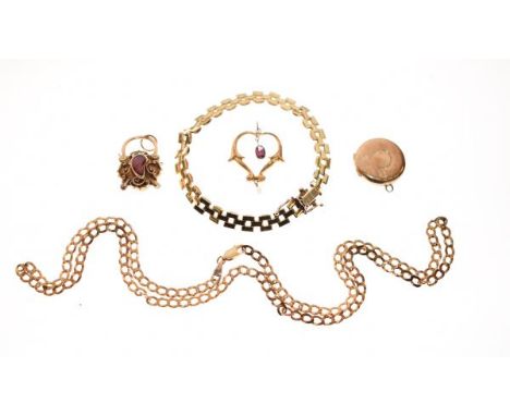 9ct gold fancy link bracelet, a 9ct gold filed curb link necklace, a 9ct gold circular locket, a heart shaped pendant set ame