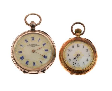 Lady's fob watch, the engraved case stamped 14k, having white enamel dial with Arabic numerals, together with a lady's silver