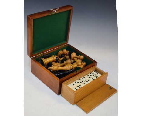 Vintage boxwood and ebonised Staunton type chess set in a mahogany case, together with a set of vintage composition dominoes 