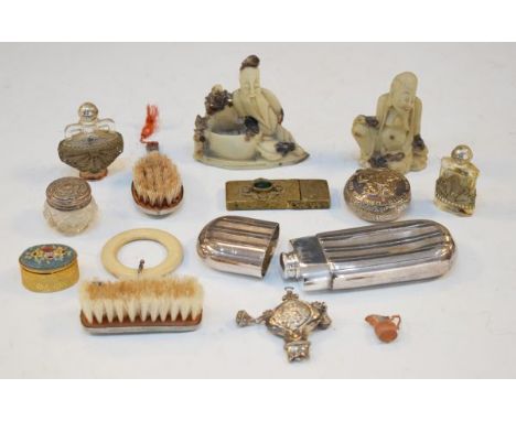 Miscellaneous items including silver plated flask, Chinese carved soapstone figures, filigree decorated scent bottles etc   C