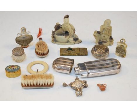 Miscellaneous items including silver plated flask, Chinese carved soapstone figures, filigree decorated scent bottles etc   C