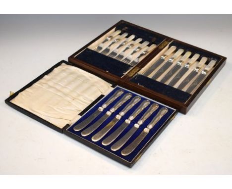 Six person set of mother-of-pearl handled silver plated fruit knives and forks, cased, together with a set of silver plated f