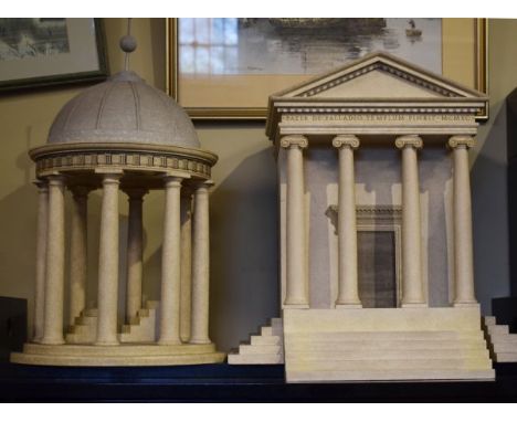 Two architectural models crafted by 'The Down House Marbling Company of Penzance' depicting a rotunda and porticoed building 
