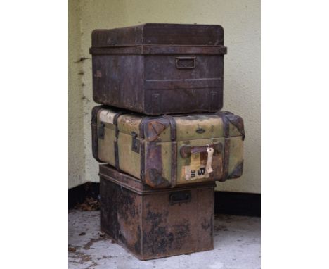 Two painted metal trunks and one other canvas and leather mounted trunk   Condition: 