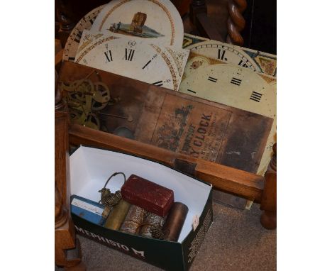 Quantity of white enamel decorated longcase and other dials, some clock weights etc   Condition: 