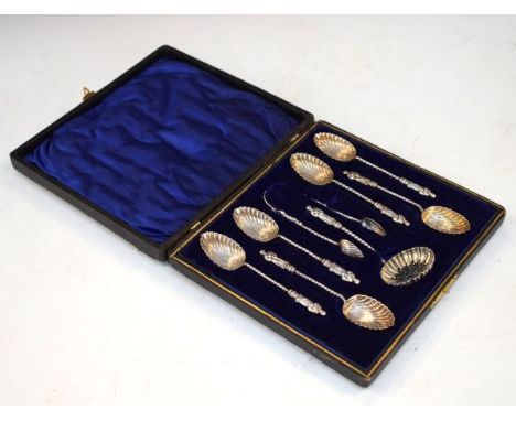 Set of six Victorian silver apostle style coffee spoons with matching tongs and sifting ladle, Birmingham 1876, 1.9oz approx,