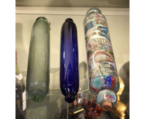 19th Century glass rolling pin with decoupage decoration to the interior, together with two other 19th Century glass rolling 