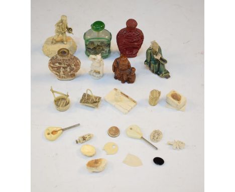 Early 20th Century ivory okimono, carved boxwood netsuke, inside decorated snuff bottle, two other snuff bottles etc   Condit