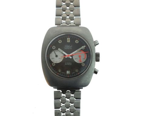 Gentleman's 1970's period 'Pilot' stainless steel cased chronograph, the dark brown dial with fluorescent markers and two sub