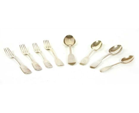 A quantity of hallmarked silver flatware, mostly Georgian and Victorian fiddle pattern, 51ozt