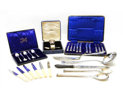 A collection of silver, to include a ladle, a basting spoon, a fish server, a cased christening set, a cased set of five grap