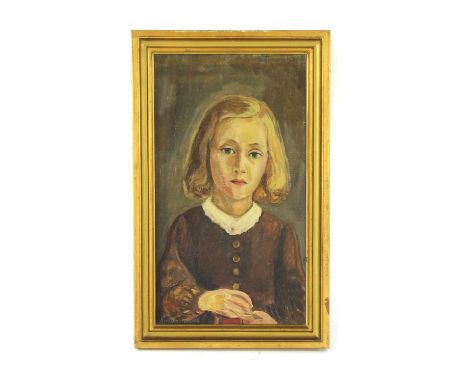 A collection of four artworks to include an oil painting of a young girl signed Kirsten Hom, a Continental mountainous seasca