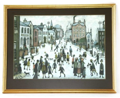 After LS Lowry PEOPLE IN A STREET WATCHING A PARADE; PEOPLE LISTENING TO A SPEAKER OUTSIDE A FACTORY; FIGURES AND CHILDREN IN