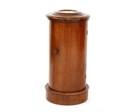 A Victorian mahogany cylindrical pot cupboard, the top inset with a tile, the hinged top revealing a basin, with a cupboard b
