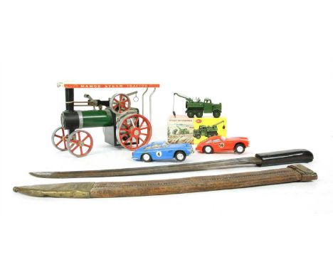 A Mamod steam engine, a Dinky diecast 661 military recovery tractor and two Scaletrix cars and a ebonised brass handled short