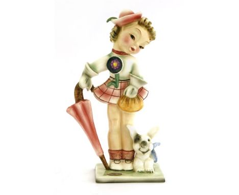 A Goldscheider craft pottery figure of a girl holding an umbrella, possibly modelled by Kurt Goebel, no. 7845, stamped and pr