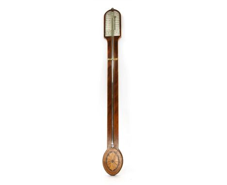 A George III mahogany cased stick barometer and thermometer, with exposed mercury tube and silvered scale