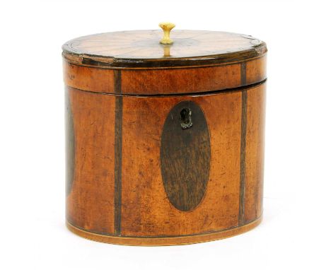 A George III satinwood tea caddy, the oval top with segmented fan decoration, 13cm wide, 10cm deep, 11cm high