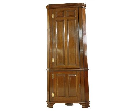 An 18th century oak panelled standing corner cabinet, the moulded cornice over a single panelled door, enclosing shelves, the