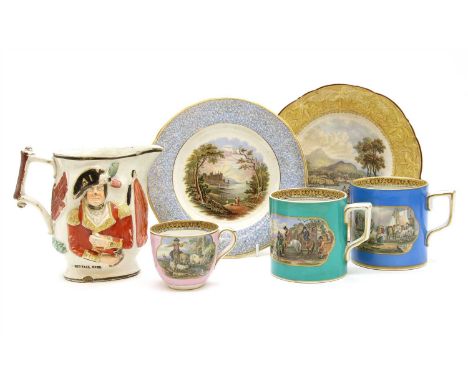 A 19th Century Pearlware commemorative jug, with relief moulded portraits of General Hill and Marquis Wellington, height 16cm