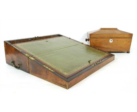 A 19th century rosewood tea caddy , and a folding mahogany writing box (2)