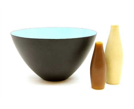 A Danish Palshus studio pottery vase, height 17cm, together with another smaller example, height 13cm, and a Herbert Krenchel