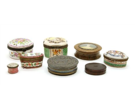A group of snuff boxes and patch boxes, to include a Bilston enamel box ‘Esteem the Giver’, a portrait example with grained f