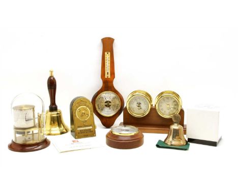 A brass mounted barometer and clock , a dome barograph, a brass hand bell, etc