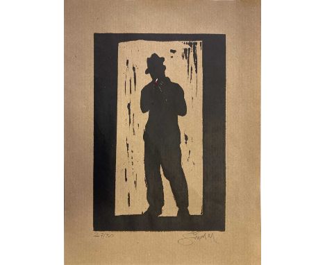 PAUL SIMONON SIGNED LINOCUT. A limited-edition Paul Simonon self portrait linocut (#27/30) signed by Paul Simonon (22 x 31cm)