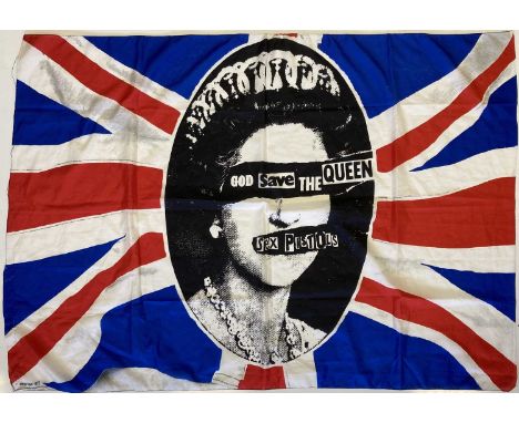 ORIGINAL SEX PISTOLS GOD SAVE THE QUEEN PROMOTIONAL FLAG. An original and official first print c1980s promotional flag with d