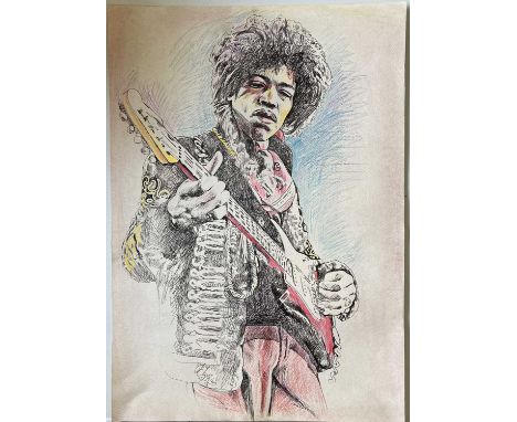 JIMI HENDRIX ORIGINAL PORTRAIT. An original drawing of Jimi Hendrix signed by artist John Judkins. Measures approx 20 x 30".