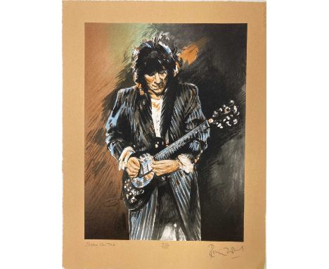 RONNIE WOOD SIGNED PRINT - SLIDE ON THIS. . A limited edition print of a work by Ronnie Wood, depicting Ronnie performing. Th