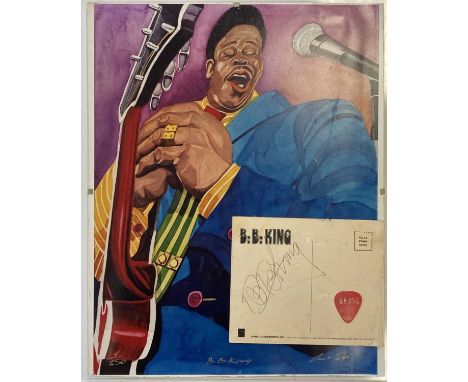 BB KING SIGNED POSTCARD, ART PRINT AND GUITAR PICK. BB King memorabilia to include: a hand-signed BB King postcard with a con