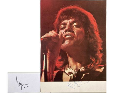 MICK JAGGER / BILL WYMAN AUTOGRAPHS. A page from a poster book / magazine (26.5 x 37cm) with signature in blue ink by Mick Ja