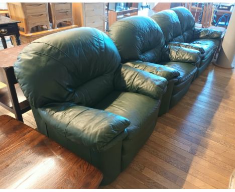 A three piece leather suite, comprising of a two seater sofa and two matching armchairs, bottled green in colour. (3) 