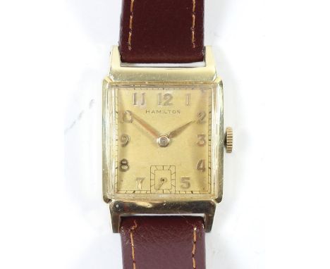 Hamilton, an Art Deco 14k gold filled manual wind gentleman's wristwatch, presentation inscription dated 1951, 36 x 23mm. 
