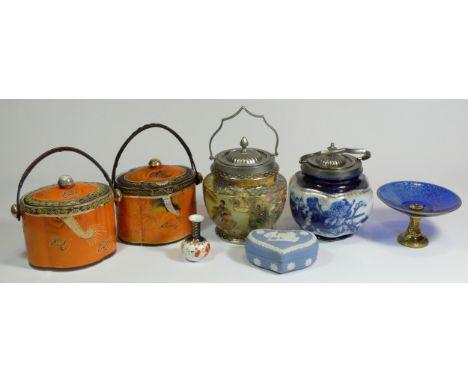 A collection of 1930s biscuit barrels, to include a Samurai hand painted porcelain biscuit barrel, a Japanese Satsuma example